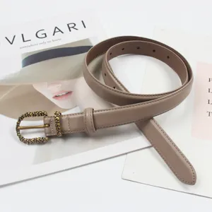 Women genuine leather belt slim waist strap vintage metal buckle casual dress jeans accessory