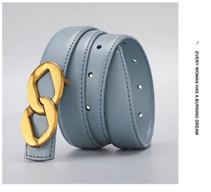 Light blue leather belt for women with stylish gold 8-shape buckle waist accessory