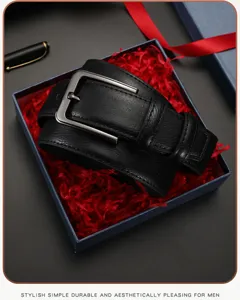 Men's black leather belt with metal pin buckle in gift box, stylish and durable business design.