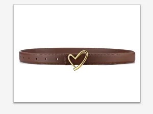 Stylish brown leather belt for women featuring a chic gold tone asymmetric heart metal buckle.