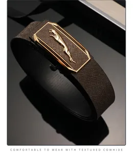 Herren Echtledergürtel mit stilvoller goldener Panther Metall Automatikschnalle dunkelbraun.
