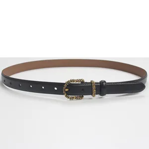 Black leather belt for women, elegant retro metal buckle, stylish daily waist accessory.