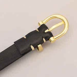 Elegant black leather women belt with golden metal pin buckle and contrast stitching