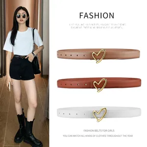 Womens Genuine Leather Belt With Heart Metal Smooth Buckle Casual Simple Fashion Waist Belt For Jeans Dresses