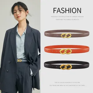 Women's genuine leather belt with stylish metal figure-8 buckle, retro casual dress waist belt.