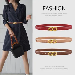 Womens fashion leather belt featuring a chic gold 8-shape buckle, ideal for dresses and suits.