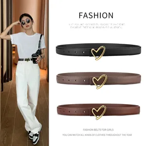 Women's fashion leather belt with gold heart buckle casual waist belt for jeans dress