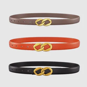 Women genuine leather belt set with gold metal 8-shape buckle for jeans and suit pants chic