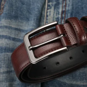 Men's brown leather belt with metal pin buckle, classic casual design for daily wear and business.