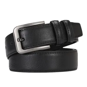 Classic black leather belt for men with durable metal pin buckle for casual business wear