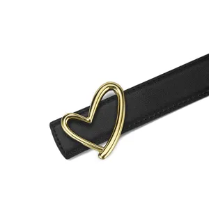 Women black leather belt with elegant gold heart buckle chic fashion waist accessory