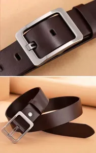 Detalles en primer plano de cinturón de cuero marrón para hombre con hebilla metálica suave.
