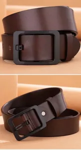 Detalle de cinturón de cuero para hombre marrón oscuro con elegante hebilla de metal negro.