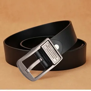 Classic men's black leather belt with a vintage metal pin buckle, business casual style.