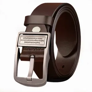 Men's brown leather belt with metal pin buckle, vintage casual pants belt for daily wear.