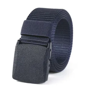Cinturón táctico de nailon azul para hombre con hebilla de plástico resistente enrollado.
