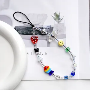 Perlen Handy Lanyard Glas Herz Fisch Smiley Gesicht Charm Nylon Schnur Anti-Verlust Gurt Damen Mädchen Deko Handy Gurt