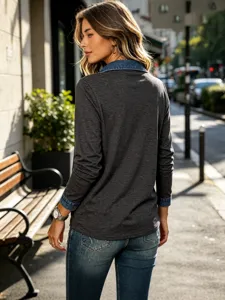 Women's casual long sleeve top with denim collar, stylish autumn winter fashion daily wear.