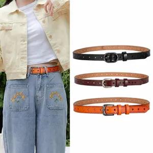 Women fashion leather belt with cute star punch design and metal pin buckle casual waist.