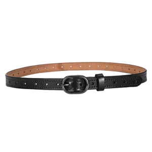 Women casual black leather belt with oval pin buckle and stylish star cutout design.