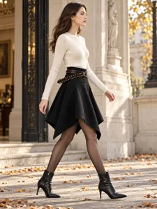 Stylish European autumn women's asymmetric woolen mini skirt with belt, chic daily street wear.