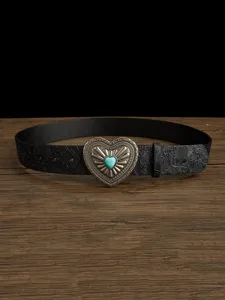 Boho style black leather belt with vintage turquoise heart metal buckle for women denim jeans.
