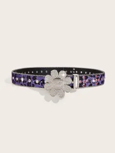 Crystal rhinestone sunflower buckle purple leopard print belt, trendy western fashion accessory.