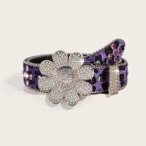 Stylish purple leopard print rhinestone belt with large sunflower buckle for women fashion.