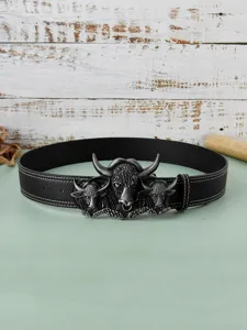 Vintage Western Cowboy Ledergürtel mit Punk Drei Stierkopf Schnalle Schwarz Naht