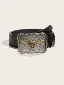 Western style vintage black leather belt with ornate metal longhorn bull buckle for men and women.