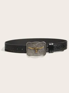 Western vintage embossed leather belt detail with bull head buckle for men and women.