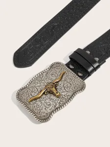 Western style black embossed leather belt with metal longhorn bull skull detail.