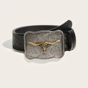 Retro Western Style Embossed PU Leather Belt With Bull Head Metal Buckle Unisex Fashion Casual Waist Belt