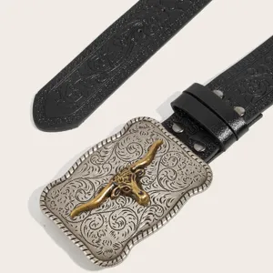 Western vintage style cow leather belt with unique bull metal buckle and embossed design.