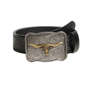 Western style leather belt with vintage metal bull head buckle, classic embossed design.
