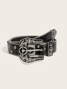 Black crocodile texture western rhinestone belt with vintage metal buckle and star studs.