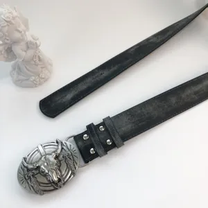 Western vintage black leather belt with metal bull skull buckle for women denim jeans accessories.