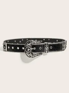 Western rhinestone belt black crocodile embossed leather punk Y2K bull buckle detail