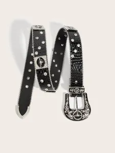 American Western rhinestone crocodile pattern belt punk Y2K vintage black leather waist belt