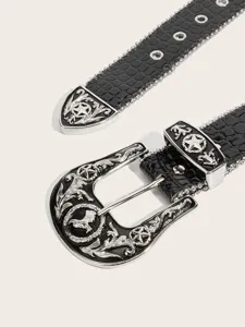 Western Crocodile Pattern Rhinestone Belt Vintage Punk Y2K Decorative Leather Belt Detail