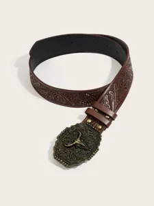 Western cowboy style PU embossed leather belt with vintage bull skull alloy buckle, trendy.