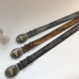 Retro western bull skull buckle leather belt for women, vintage distressed casual jean belt.
