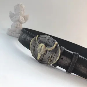 Retro women leather belt with metal bull skull buckle stylish vintage waist accessory 90s