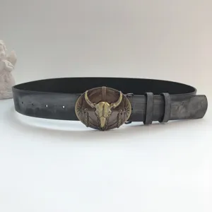 Retro bull skull buckle leather belt for women, vintage western waist belt for jeans.