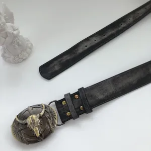 Vintage western bull skull buckle distressed leather belt for women casual jeans fashion