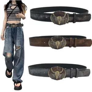 Retro Western Cowboy PU Leather Belt For Women Vintage Alloy Bull Head Buckle Casual Jeans Waist Belt Accessory