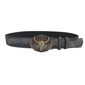 Vintage western style black leather belt featuring a distinctive bronze bull skull buckle