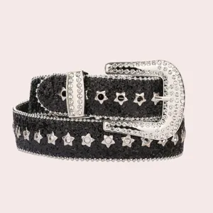 Close-up detail of the black glitter rhinestone western belt with sparkling crystal buckle.