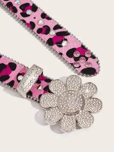Rhinestone sunflower belt with pink leopard print, crystal studded luxury fashion accessory for women.