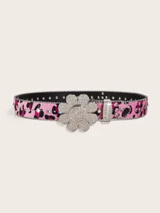 Detailed close-up of the dazzling pink leopard print rhinestone belt with crystal sunflower buckle.